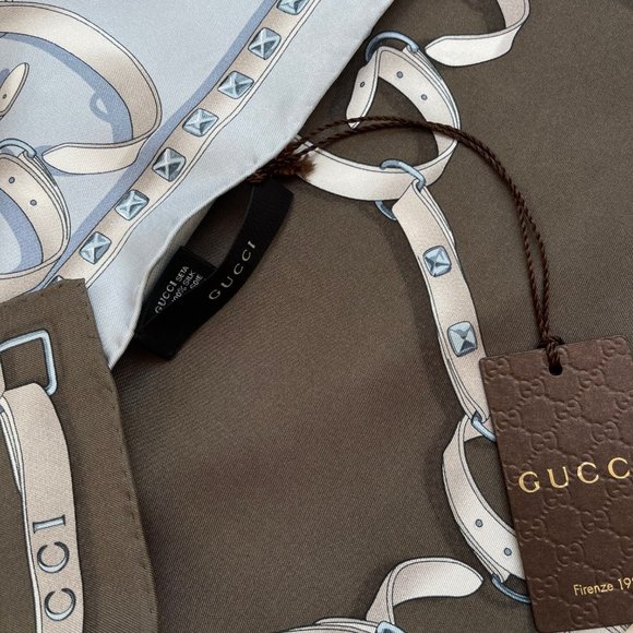 New Gucci Logo Chains Color-Block Brown Blue GG Silk Scarf with Gucci Gift Box - Picture 9 of 14